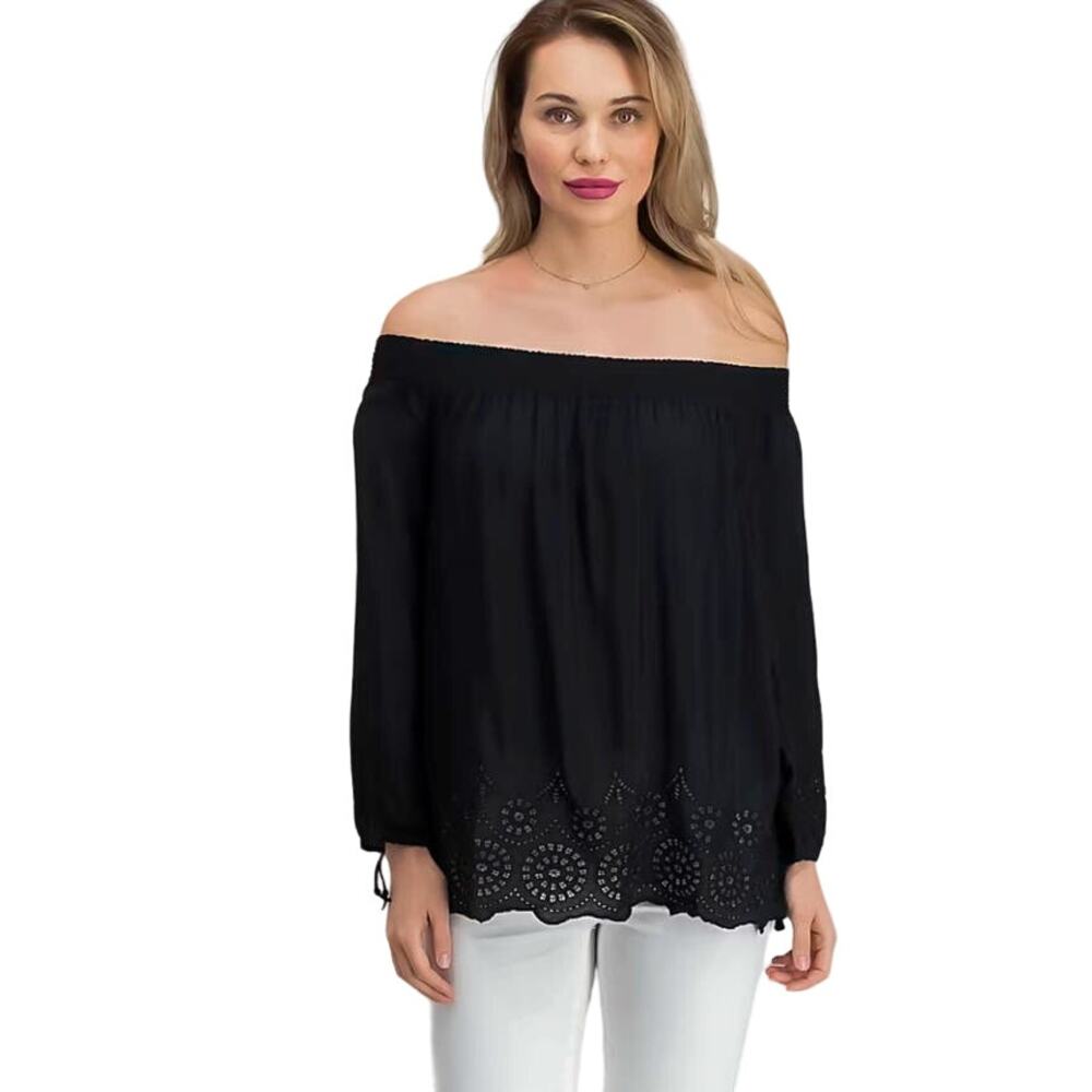 Lucky Brand Crochet Detail off the shoulder Black Top blouse size Medium